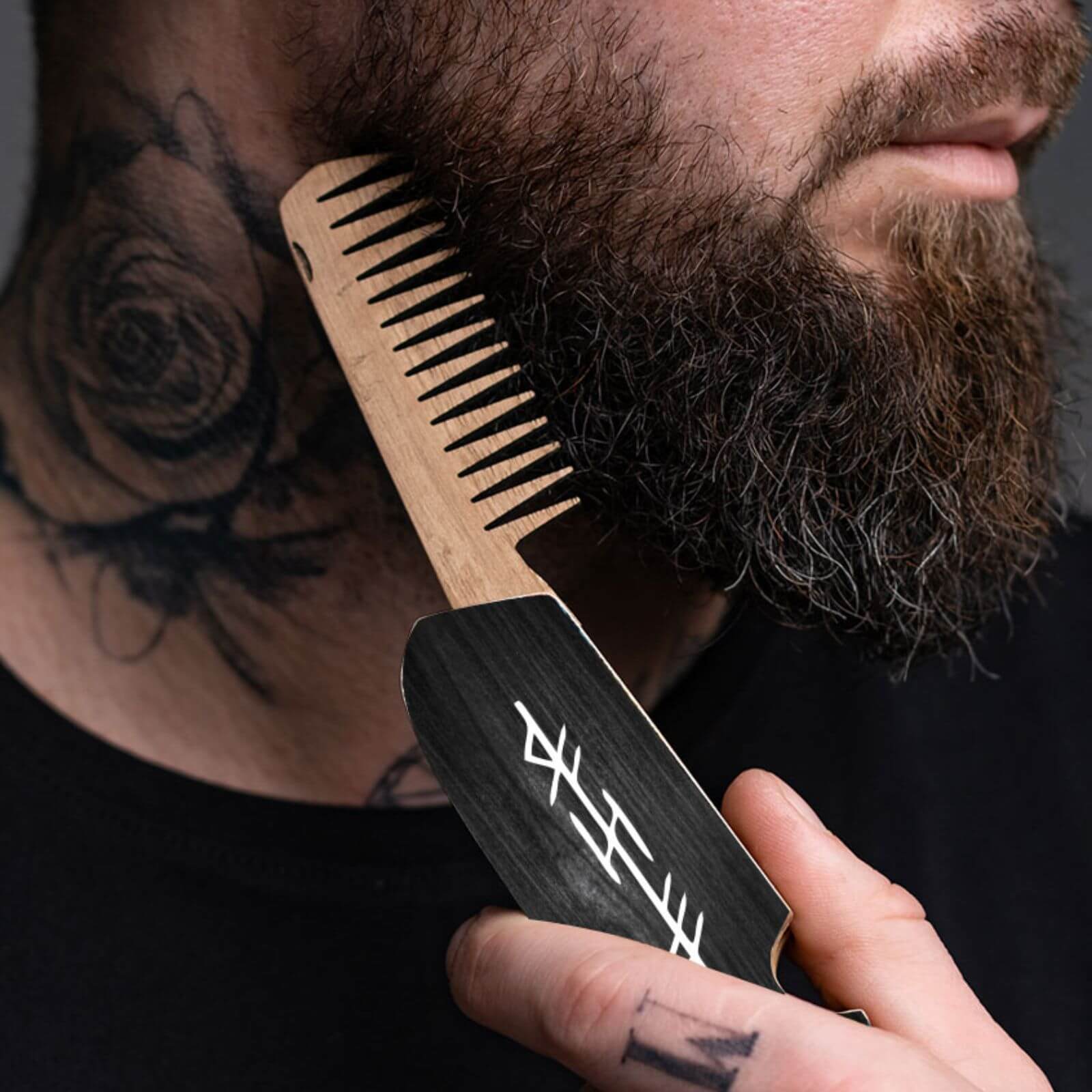 Wooden Beard Comb - Black Runes